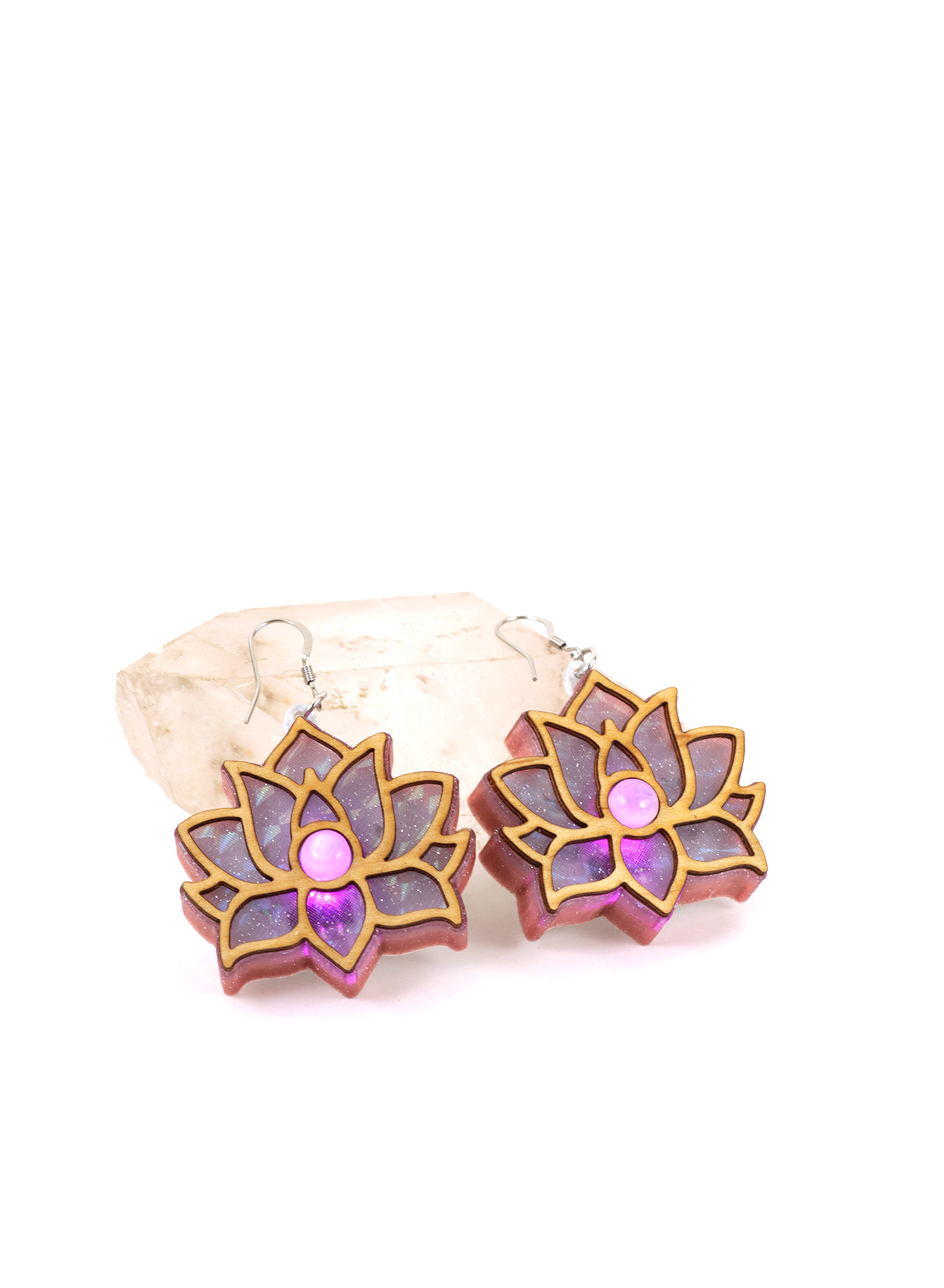 Divine Lotus Holographic Glitter LED Earrings with Rainbow Moonstone