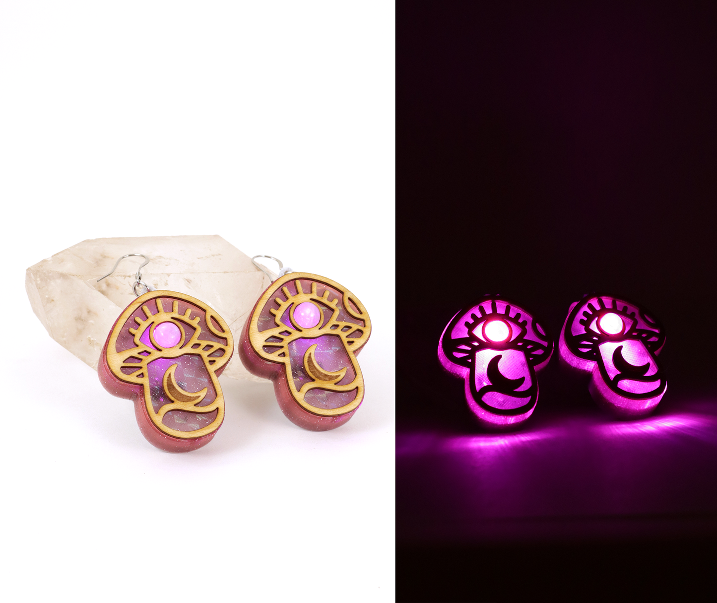 Celestial Shroom Holographic Glitter LED Earrings with Rainbow Moonstone