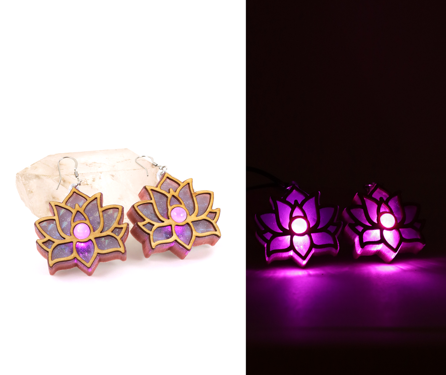 Divine Lotus Holographic Glitter LED Earrings with Rainbow Moonstone