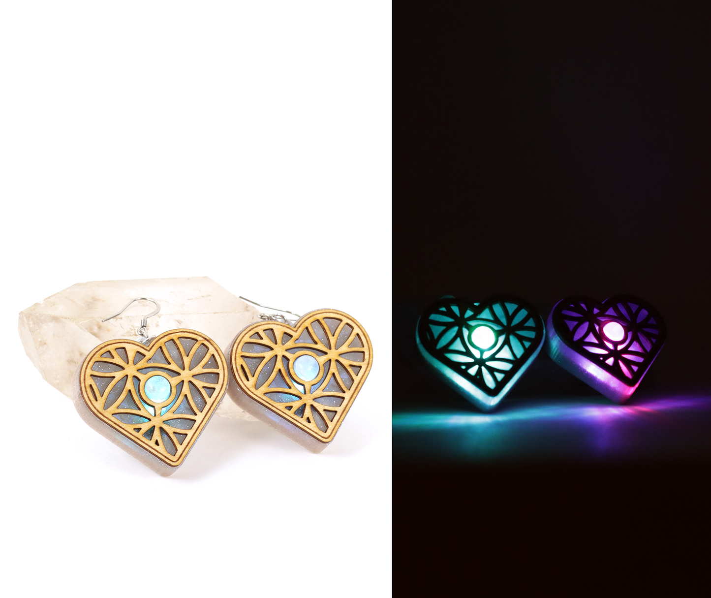 Infinity Heart Holographic Glitter LED Earrings with Rainbow Moonstone