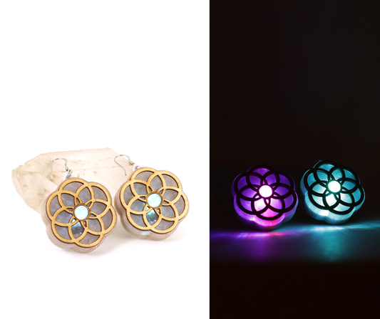 Seed of Life Holographic Glitter LED Earrings with Rainbow Moonstone