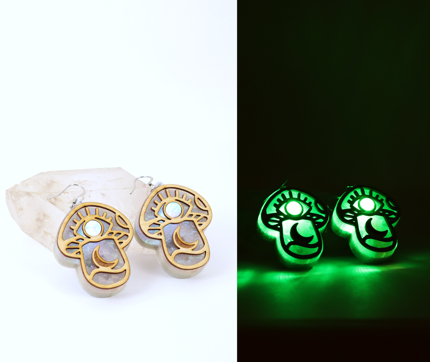 Celestial Shroom Holographic Glitter LED Earrings with Rainbow Moonstone