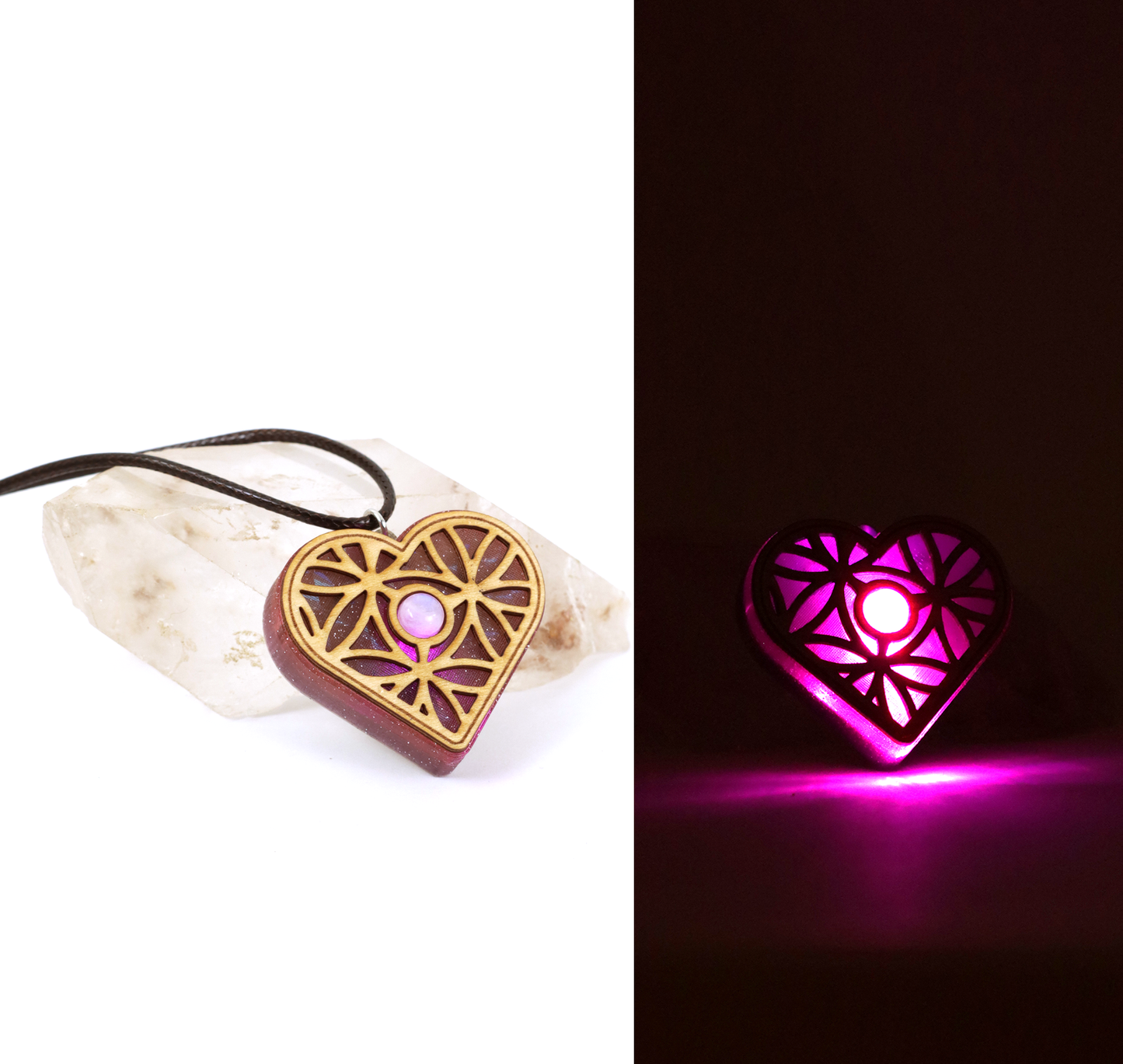 Infinity Heart Holographic Glitter LED Pendant with Rainbow Moonstone