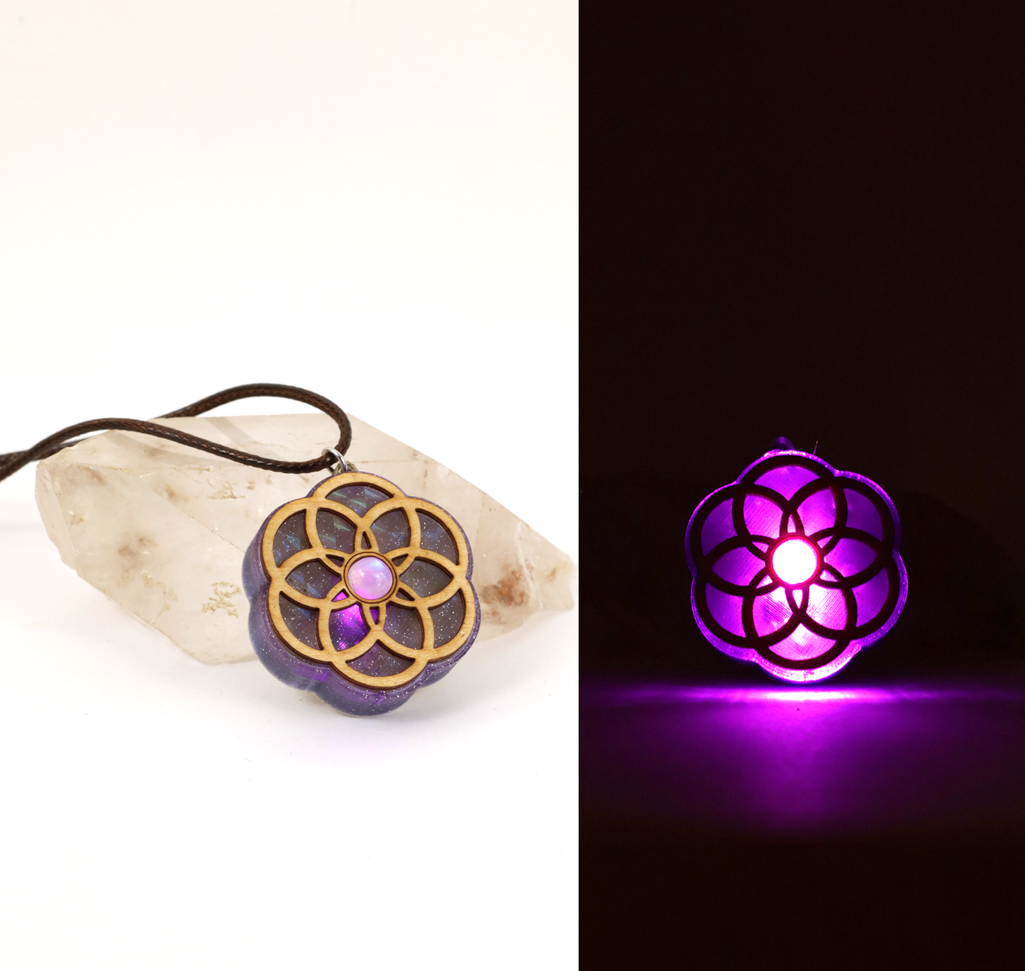 Seed Of Life Holographic Glitter LED Pendant with Rainbow Moonstone