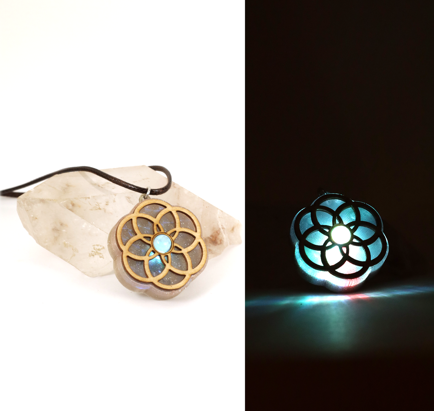 Seed Of Life Holographic Glitter LED Pendant with Rainbow Moonstone