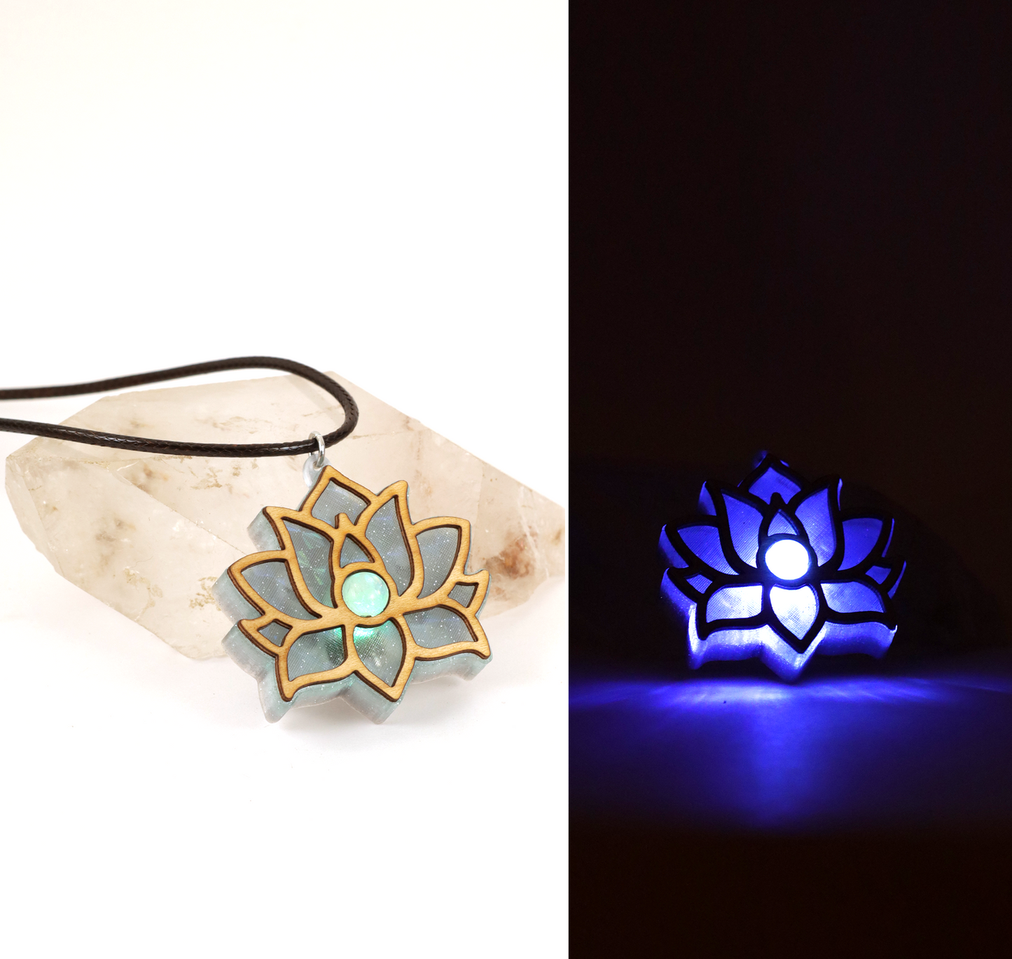 Divine Lotus Holographic Glitter LED Pendant with Rainbow Moonstone