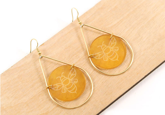Bee Etched Stained Glass Teardrop Earrings