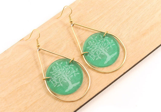 Tree of Life Etched Stained Glass Teardrop Earrings