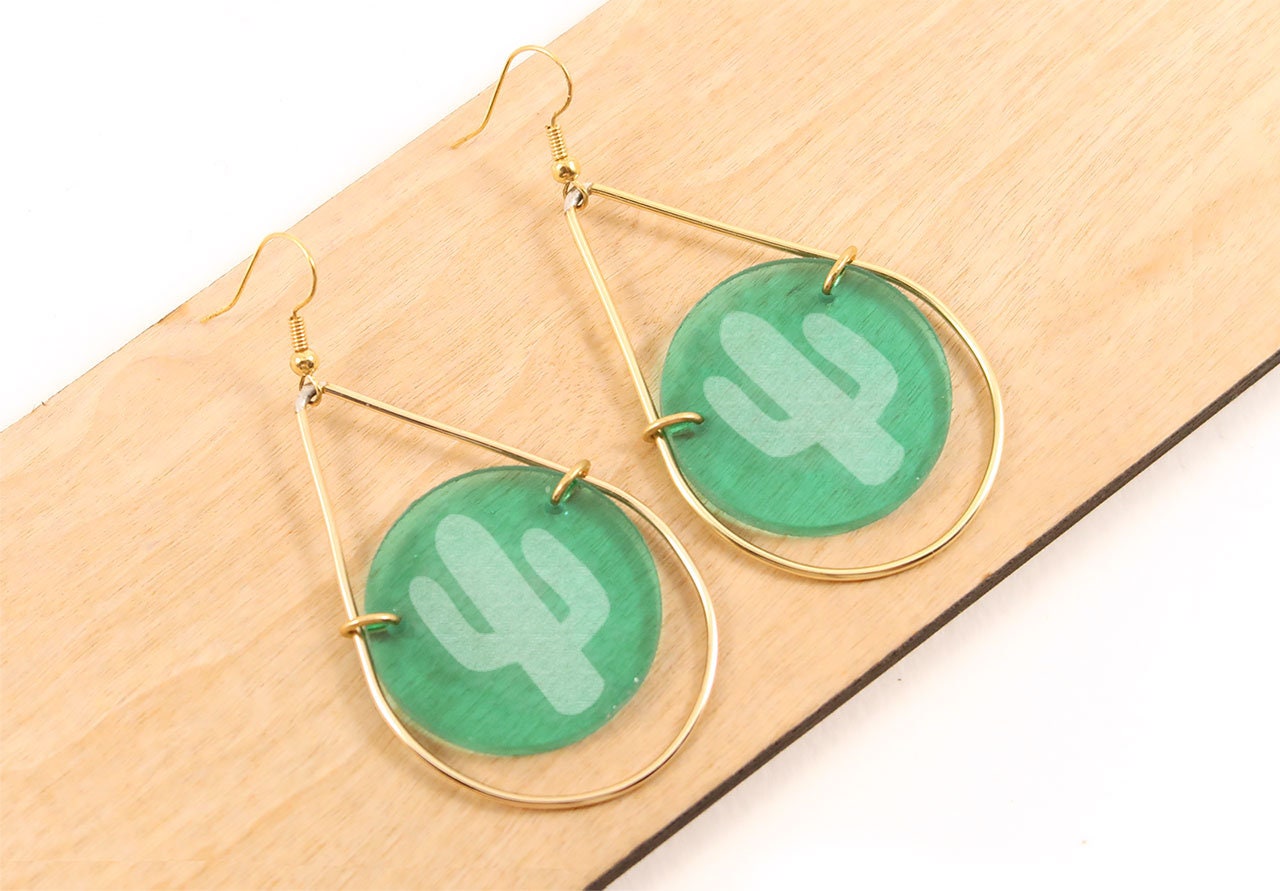 Cacti Etched Stained Glass Teardrop Earrings