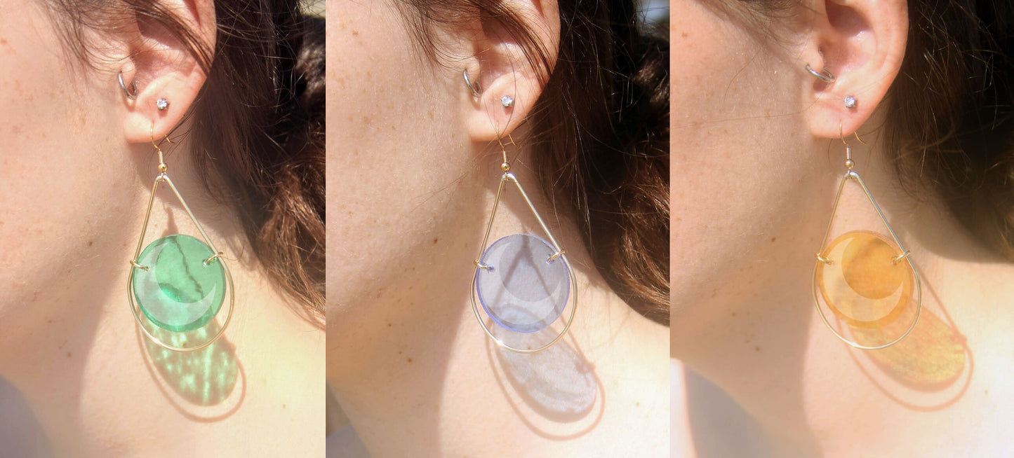 Crescent Moon Etched Stained Glass Teardrop Earrings