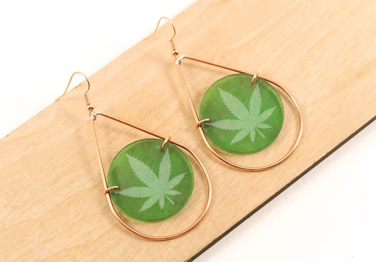 Pot Leaf Etched Stained Glass Teardrop Earrings