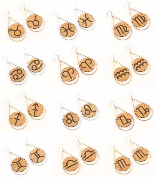 Astrological Symbol Laser Engraved Wooden Teardrop Earrings