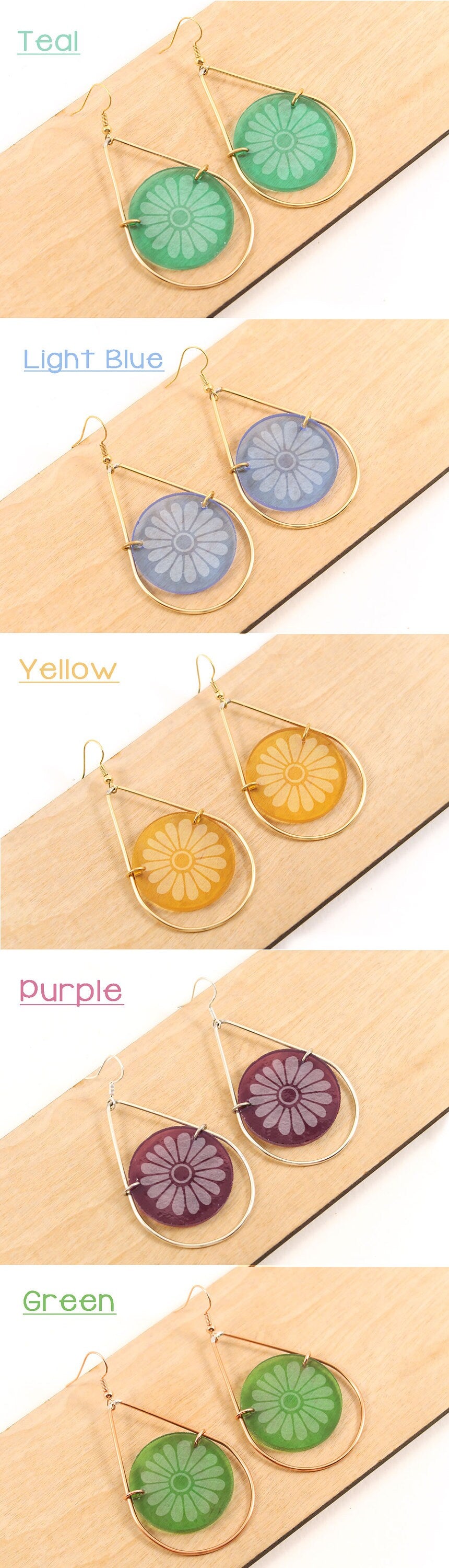 Daisy Etched Stained Glass Teardrop Earrings