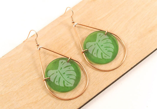 Monstera Leaf Etched Stained Glass Teardrop Earrings