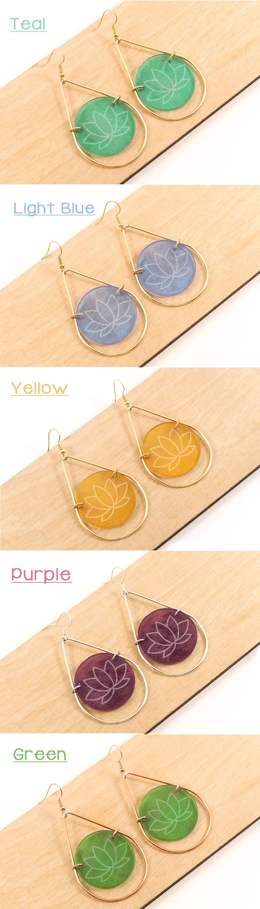 Lotus Etched Stained Glass Teardrop Earrings