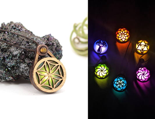 Glowing Iridescent Stained Glass Wooden LED Pendant | Flower of Life