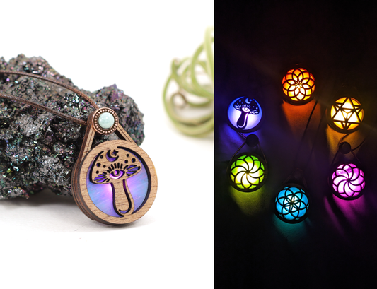 Glowing Iridescent Stained Glass Wooden LED Pendant | Wise Mushroom