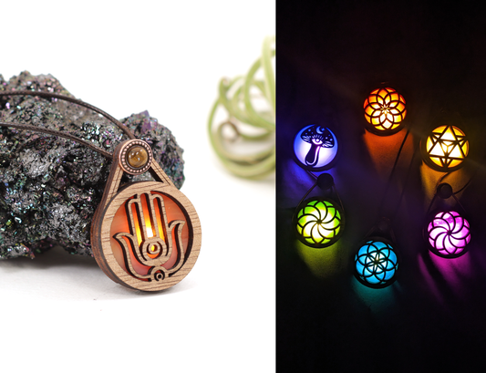 Glowing Iridescent Stained Glass Wooden LED Pendant | Hamsa