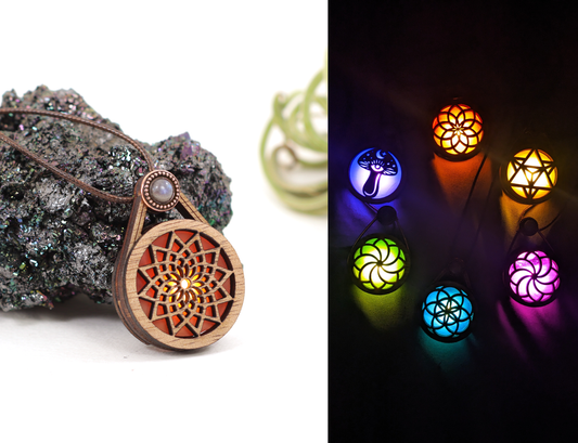 Glowing Iridescent Stained Glass Wooden LED Pendant | Dream Web