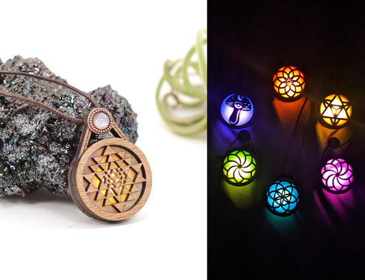 Glowing Iridescent Stained Glass Wooden LED Pendant | Sri Yantra