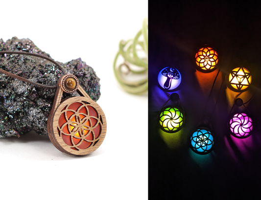 Glowing Iridescent Stained Glass Wooden LED Pendant | Seed of Life