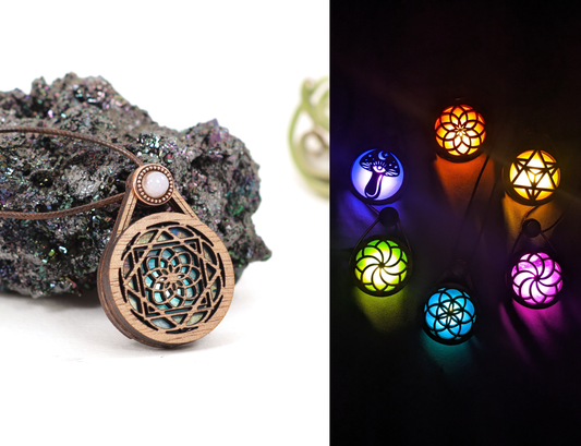 Glowing Iridescent Stained Glass Wooden LED Pendant | Eternal Atom
