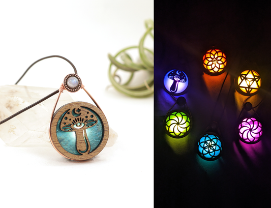 Glowing Iridescent Stained Glass LED Wire Wrapped Pendant | Wise Mushroom