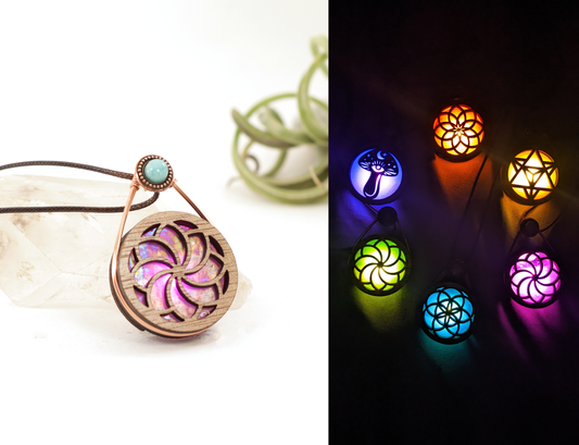 Glowing Iridescent Stained Glass LED Wire Wrapped Pendant | Spiraling Flower