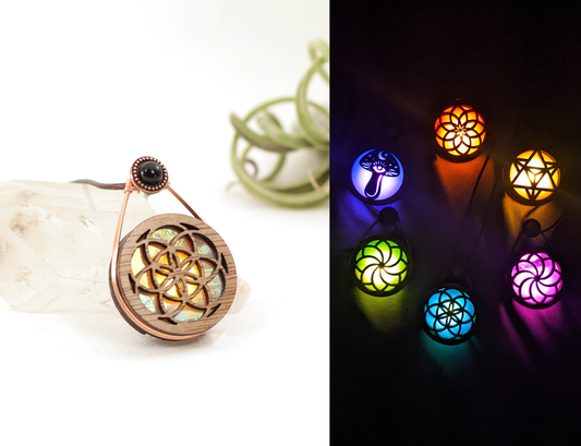 Glowing Iridescent Stained Glass LED Wire Wrapped Pendant | Seed Of life