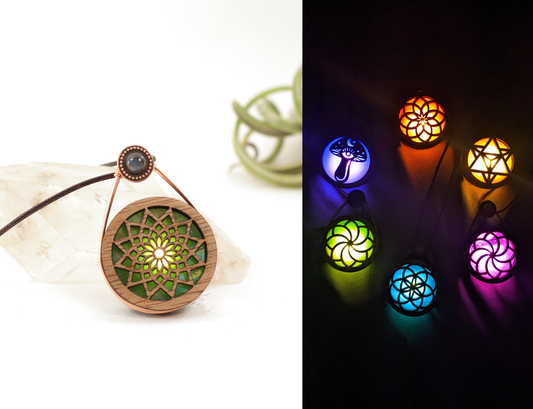Glowing Iridescent Stained Glass LED Wire Wrapped Pendant | Dream Web