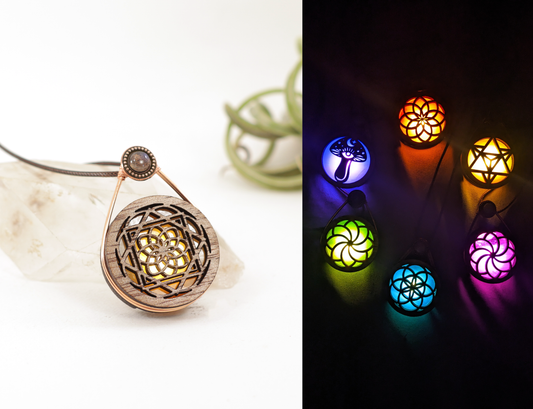 Glowing Iridescent Stained Glass LED Wire Wrapped Pendant | Eternal Atom