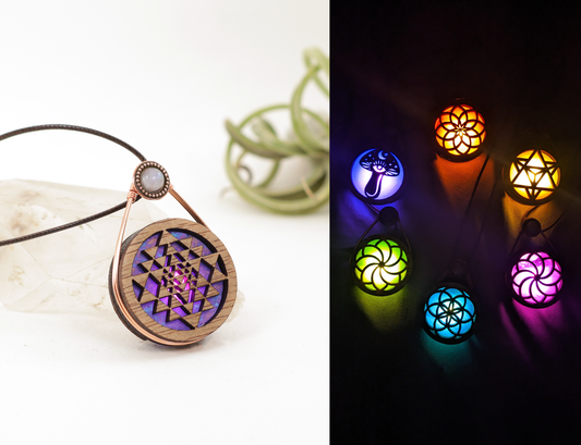 Glowing Iridescent Stained Glass LED Wire Wrapped Pendant | Sri Yantra