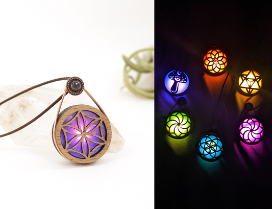 Glowing Iridescent Stained Glass LED Wire Wrapped Pendant | Flower of Life