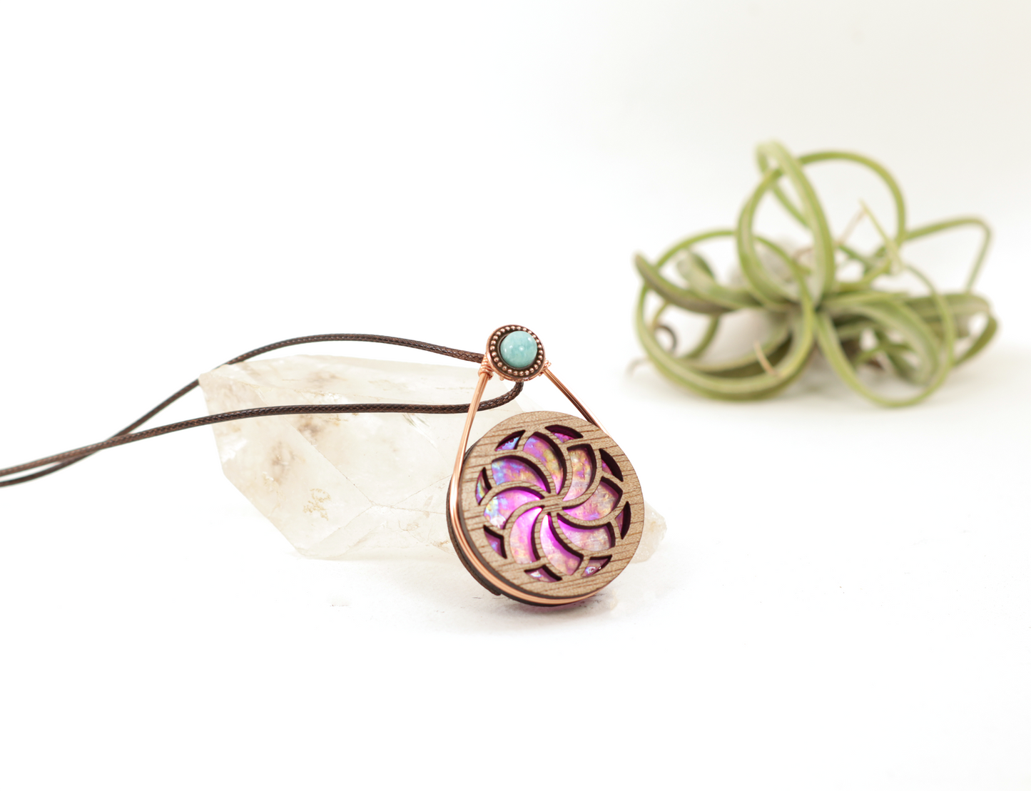 Glowing Iridescent Stained Glass LED Wire Wrapped Pendant | Spiraling Flower