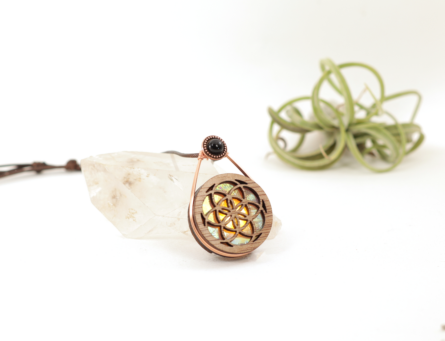 Glowing Iridescent Stained Glass LED Wire Wrapped Pendant | Seed Of life