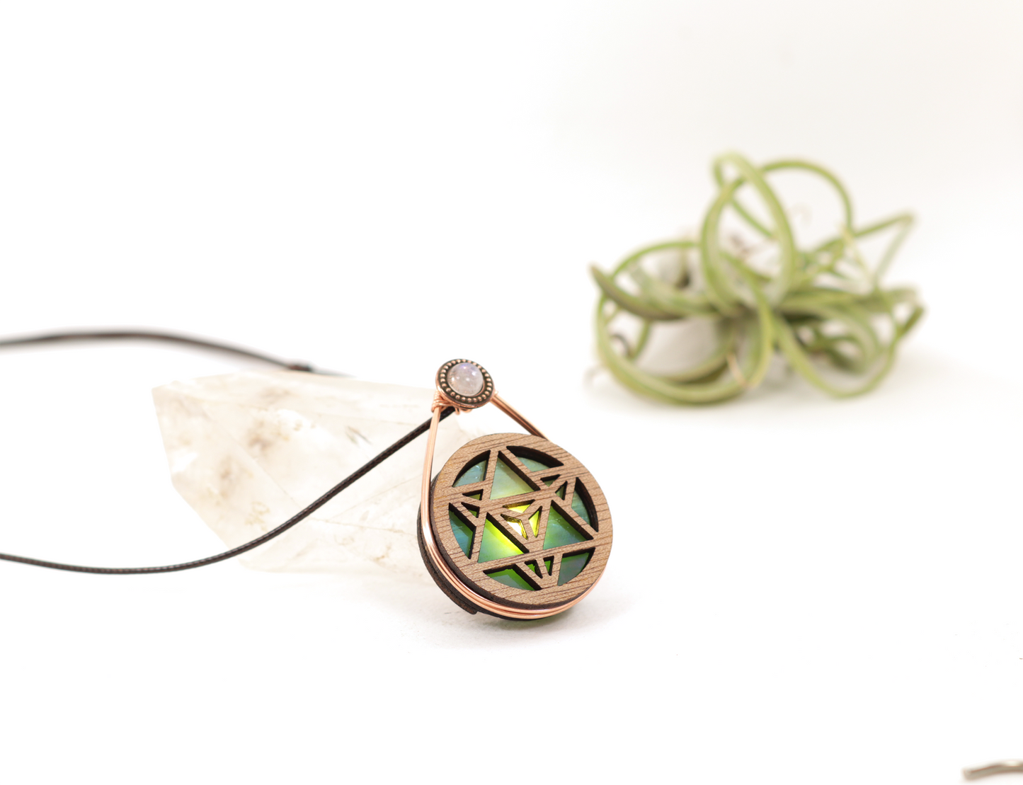 Glowing Iridescent Stained Glass LED Wire Wrapped Pendant | Merkaba