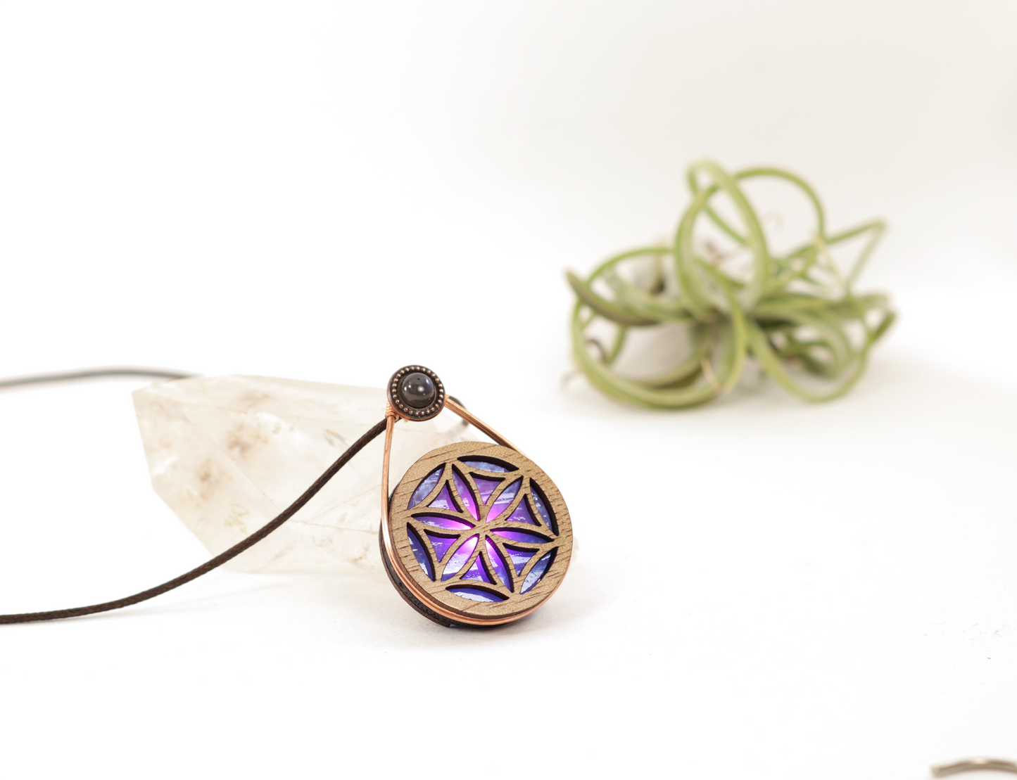 Glowing Iridescent Stained Glass LED Wire Wrapped Pendant | Flower of Life