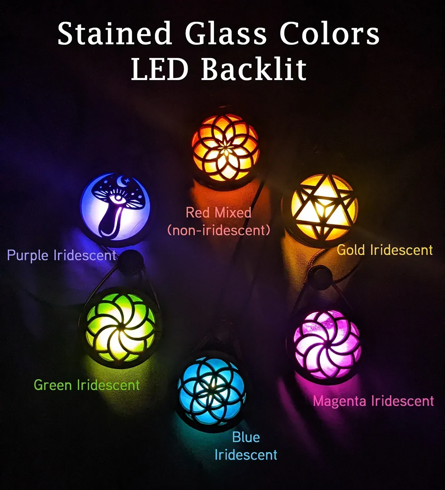 Glowing Iridescent Stained Glass Wooden LED Pendant | Dream Web