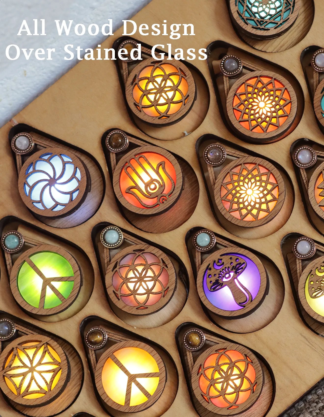 Glowing Iridescent Stained Glass Wooden LED Pendant | Merkaba