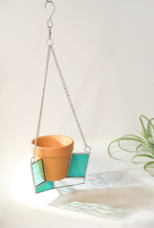 Teal Spinning Stained Glass Plant Hanger